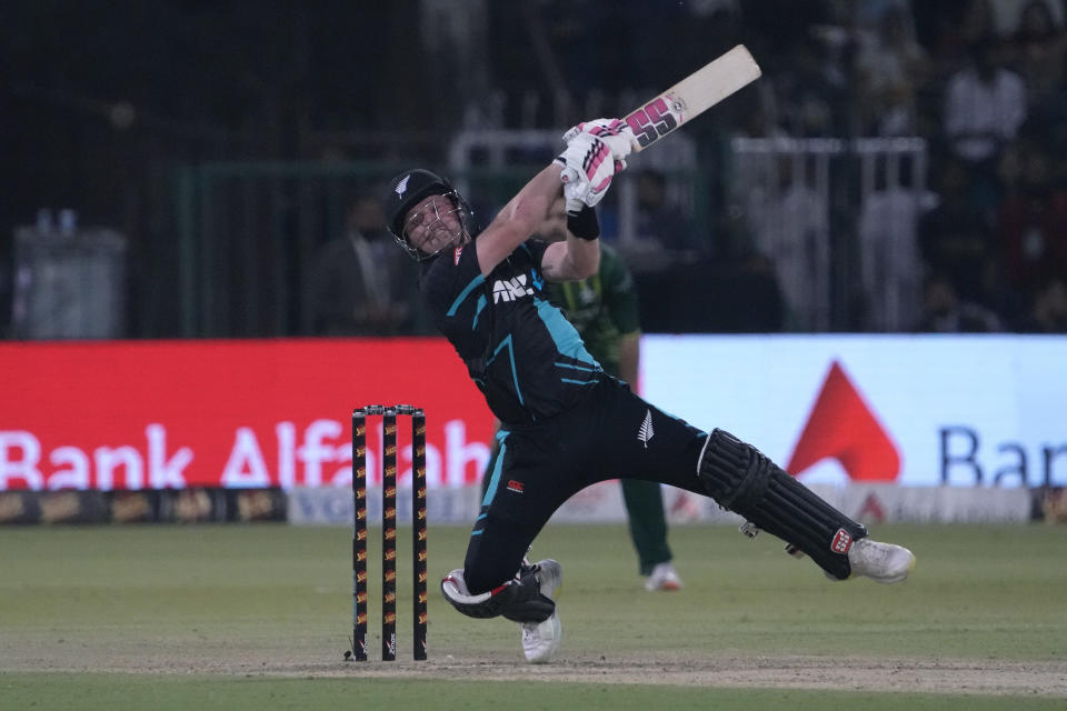 New Zealand's Tim Seifert plays a shot during the fifth T20 international cricket match between Pakistan and New Zealand, in Lahore, Pakistan, Saturday, April 27, 2024. (AP Photo/K.M. Chaudary)