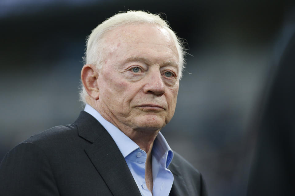 Aug 29, 2019; Arlington, TX, USA; Dallas Cowboys owner Jerry Jones on the field before the game against the Tampa Bay Buccaneers  at AT&T Stadium. Mandatory Credit: Tim Heitman-USA TODAY Sports