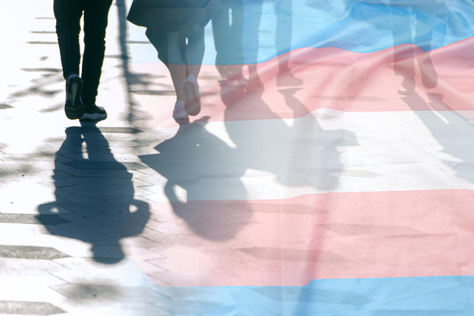 Transgender flag, shadows and silhouettes of people on a road, conceptual picture about anonymous Transgender and Gay Lesbian in the World