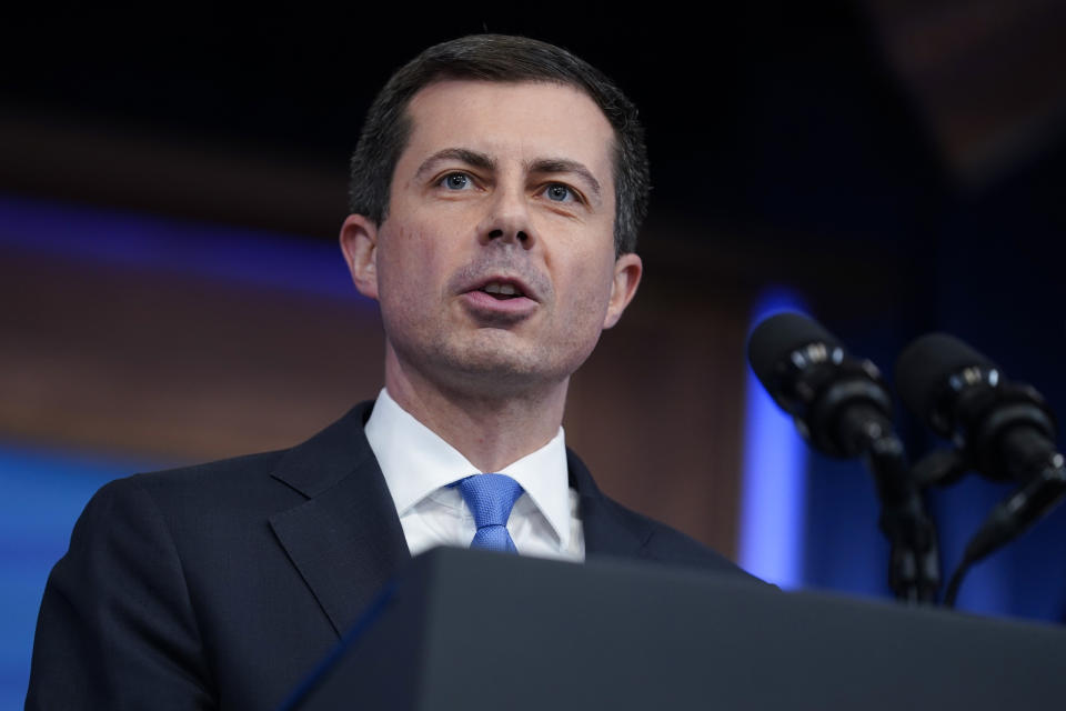FILE - Transportation Secretary Pete Buttigieg speaks in the South Court Auditorium on the White House complex, May 8, 2023, in Washington. Buttigieg says Tesla shouldn’t be calling a partially automated driving system Autopilot because the cars can’t drive themselves. (AP Photo/Evan Vucci, File)
