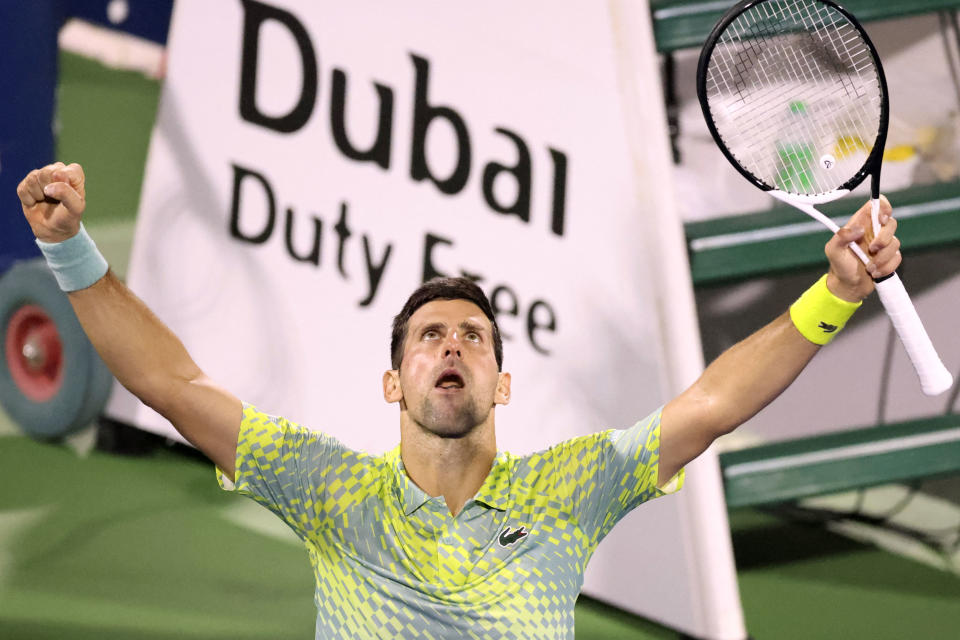 Novak Djokovic (pictured) celebrates a victory.