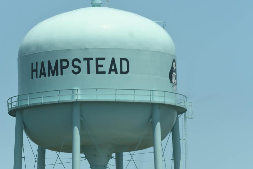 The Hampstead water tower along U.S. 17. If Hampstead became incorporated, it would become the largest town in Pender County by population if it contained the numbers provided by the 2020 Census.