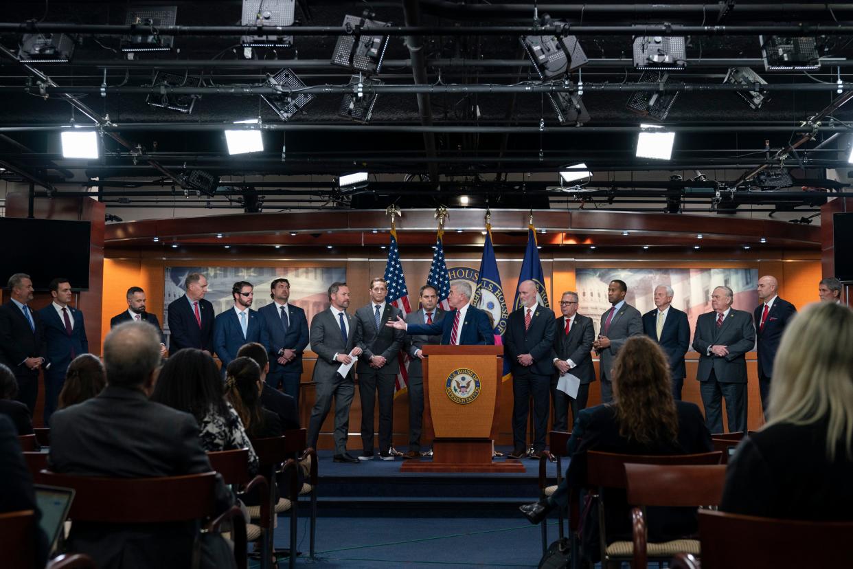 Republican veterans who support the speakership of Rep. Kevin McCarthy, R-California, gather for a news conference on Capitol Hill in Washington Wednesday. Among the speakers was Michael Waltz, R-Florida, who represents Flagler County, part of Volusia County and other areas north and east.