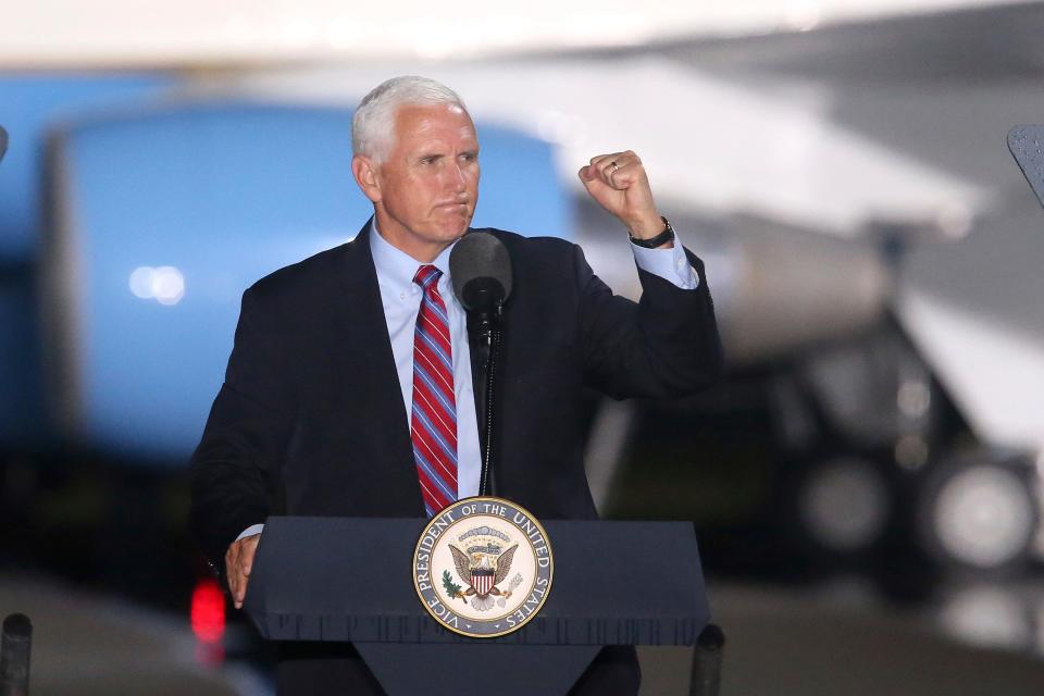 Vice-president Mike Pence addresses supporters at a campaign rally Saturday, Oct. 24, 2020, in Tallahassee, Fla.