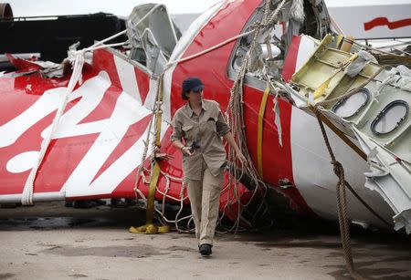 An Airbus investigator walks near part of the tail of the AirAsia QZ8501 passenger plane in Kumai Port, near Pangkalan Bun, Central Kalimantan January 12, 2015. REUTERS/Darren Whiteside