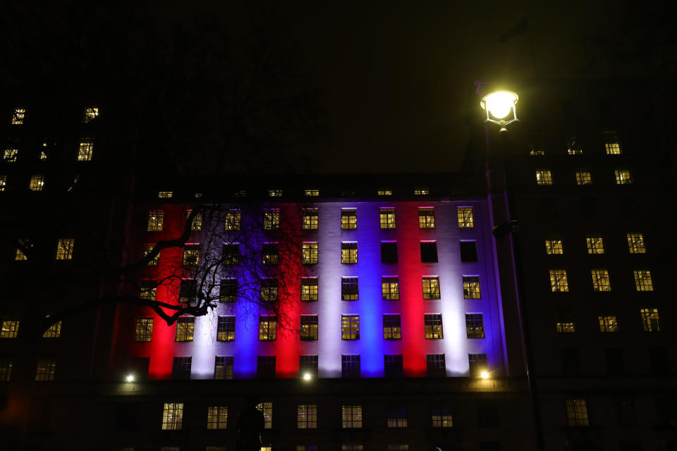 The Union Jack colours are lit up on Whitehall, London, as the UK leaves the European Union after 47 years