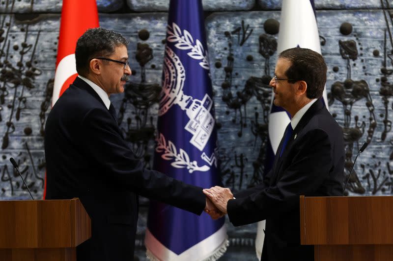 Turkey's new ambassador Torunlar presents his diplomatic credentials to Israel's President Herzog at the president's residence, in Jerusalem