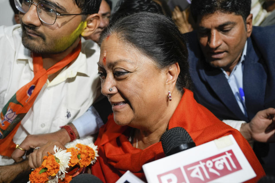 India's ruling Bharatiya Janata Party, or BJP, leader and former Chief Minister Vasundhara Raje arrives at the party office following leads for the party in Rajasthan state elections in Jaipur, India, Sunday, Dec.3, 2023. India’s Hindu nationalist party was headed for a clear win in three out of four states Sunday, according to the election commission’s website. (AP Photo/Deepak Sharma)