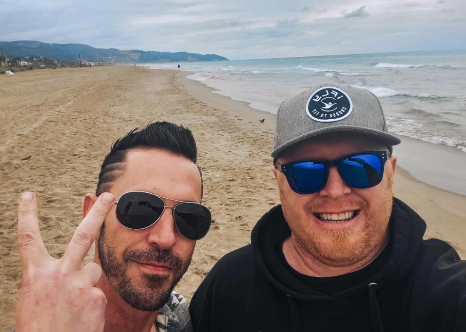 Nick Maimer, right, and friend Ken Koeberlein stop for a photo at a beach in Castelldefels, Spain, about 25 miles southwest of Barcelona, in March 2023. Maimer, a retired U.S. Army Green Beret from Boise, died in May in Bakhmut, Ukraine, as a member of the Ukrainian armed forces.