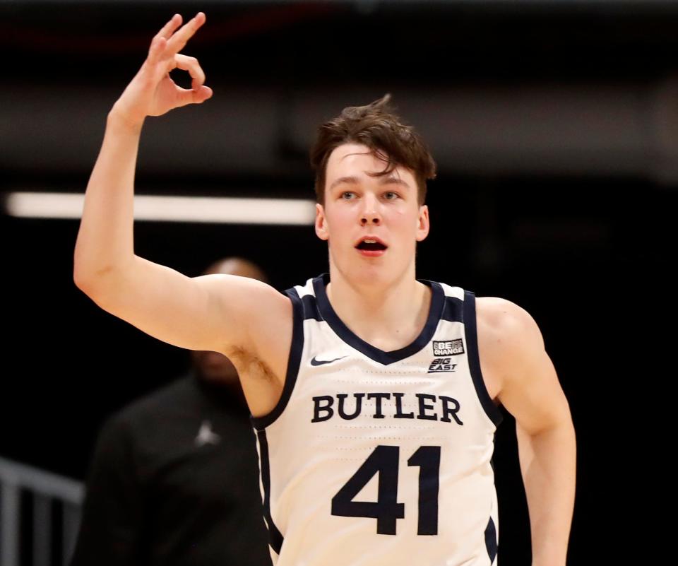 Butler Bulldogs guard Simas Lukosius (41) celebrates after making a three pointer during the first half of the Big East Conference game against the Georgetown Hoyas on Saturday, Jan. 29, 2022, at Hinkle Fieldhouse in Indianapolis. 