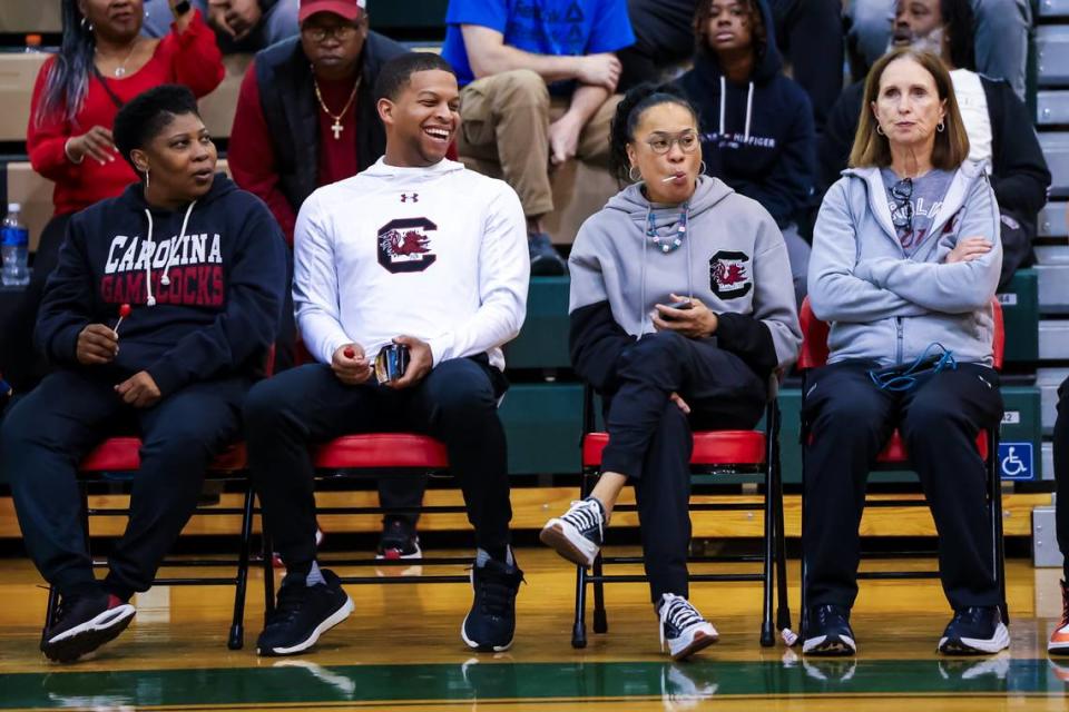 South Carolina Gamecocks head coach Dawn Staley watches the Chick-fil-A Classic at River Bluff High School Wednesday, Dec. 27, 2023.