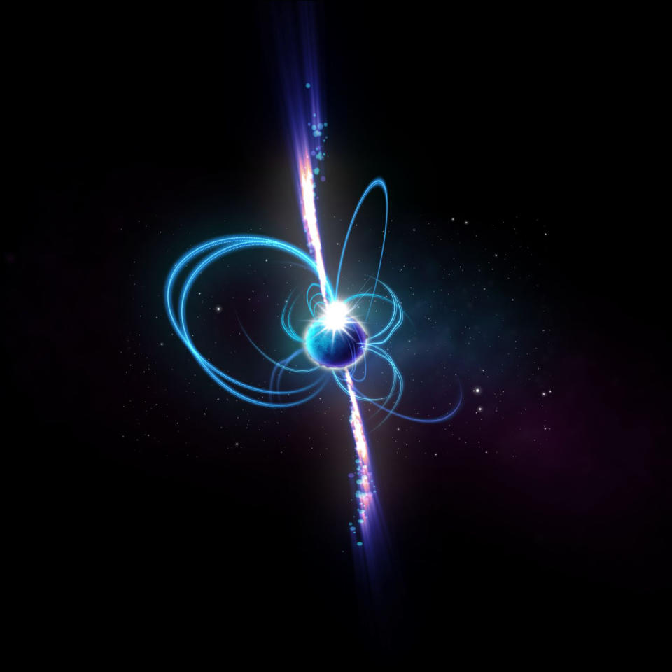 An artist’s impression of what the object might look like if it’s a magnetar. Magnetars are incredibly magnetic neutron stars, some of which sometimes produce radio emission. Known magnetars rotate every few seconds, but theoretically, “ultra-long period magnetars” could rotate much more slowly. (ICRAR)