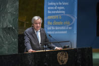 In this photo provided by the United Nations, U.N. Secretary General Antonio Guterres speaks in the General Assembly in observance of the International Day of Peace, celebrating 75 Years of the United Nations, at UN headquarters, Monday, Sept. 21, 2020. (Eskinder Debebe/United Nations via AP)