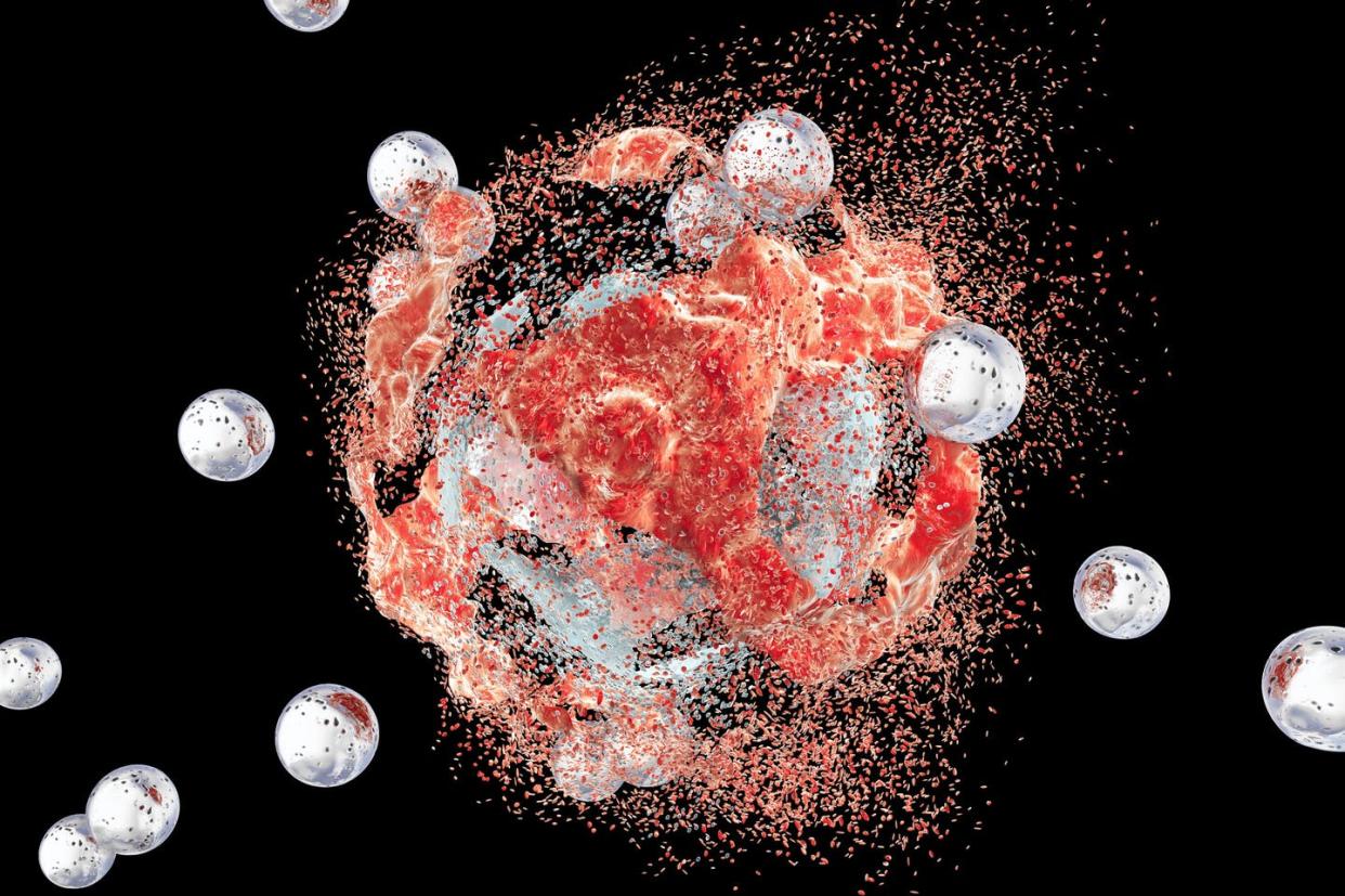 <span class="caption">Nanoparticles can help cancer drugs home in on tumors and avoid damaging healthy cells. </span> <span class="attribution"><a class="link " href="https://www.gettyimages.com/detail/illustration/destruction-of-a-cancer-cell-illustration-royalty-free-illustration/713780459" rel="nofollow noopener" target="_blank" data-ylk="slk:Kateryna Kon/Science Photo Library via Getty Images;elm:context_link;itc:0;sec:content-canvas">Kateryna Kon/Science Photo Library via Getty Images</a></span>