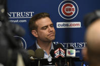 Chicago Cubs president of baseball operations Theo Epstein speaks to the media during the baseball team's convention, Friday, Jan. 17, 2020, in Chicago. (AP Photo/Paul Beaty)