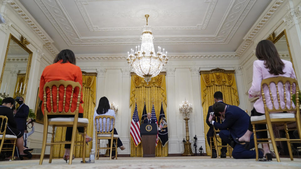 President Joe Biden speaks during a news conference in the East Room of the White House, Thursday, March 25, 2021, in Washington. (AP Photo/Evan Vucci)