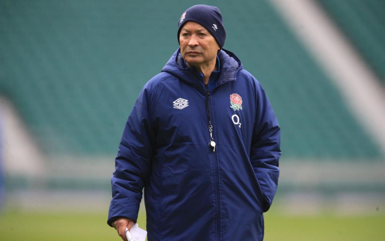England's coach Eddie Jones looks on during an England rugby training session in Twickenham, greater London on October 17, 2020. - AFP