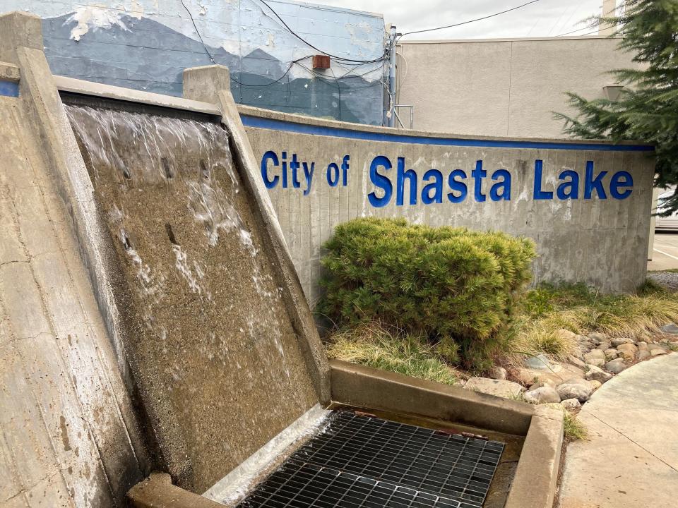 A mini Shasta Dam fountain is seen at the city of Shasta Lake's entrance on Shasta Dam Boulevard.