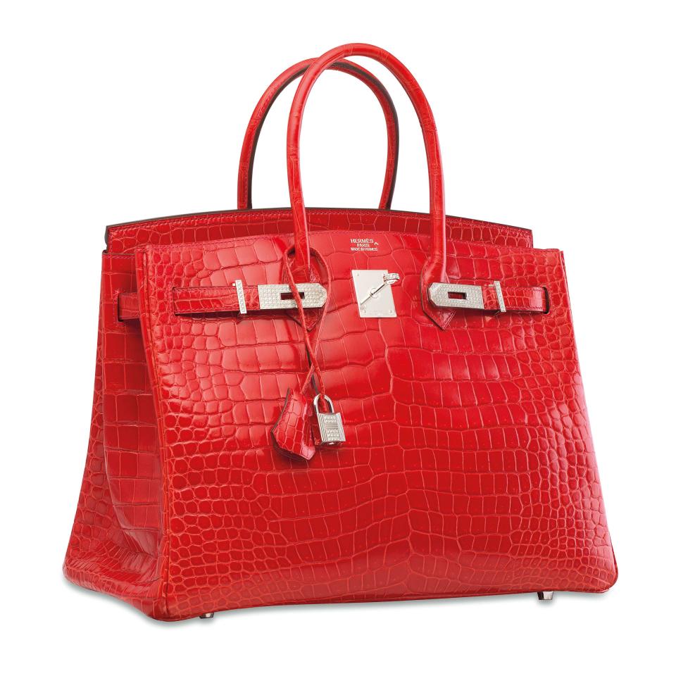 red geranium crocodile diamond birkin 25, most expensive hermes birkin bags in the world, 18-karat white gold, diamonds, crocodile skin purse