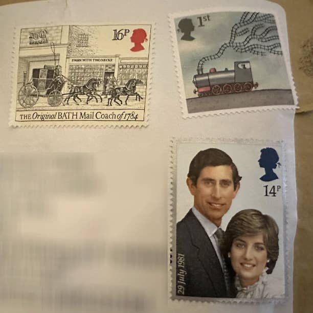 Three postage stamps depict: a horse-drawn mail coach and envelope text (top left), a train (top right), and a man in a suit with a woman in a blouse (bottom)