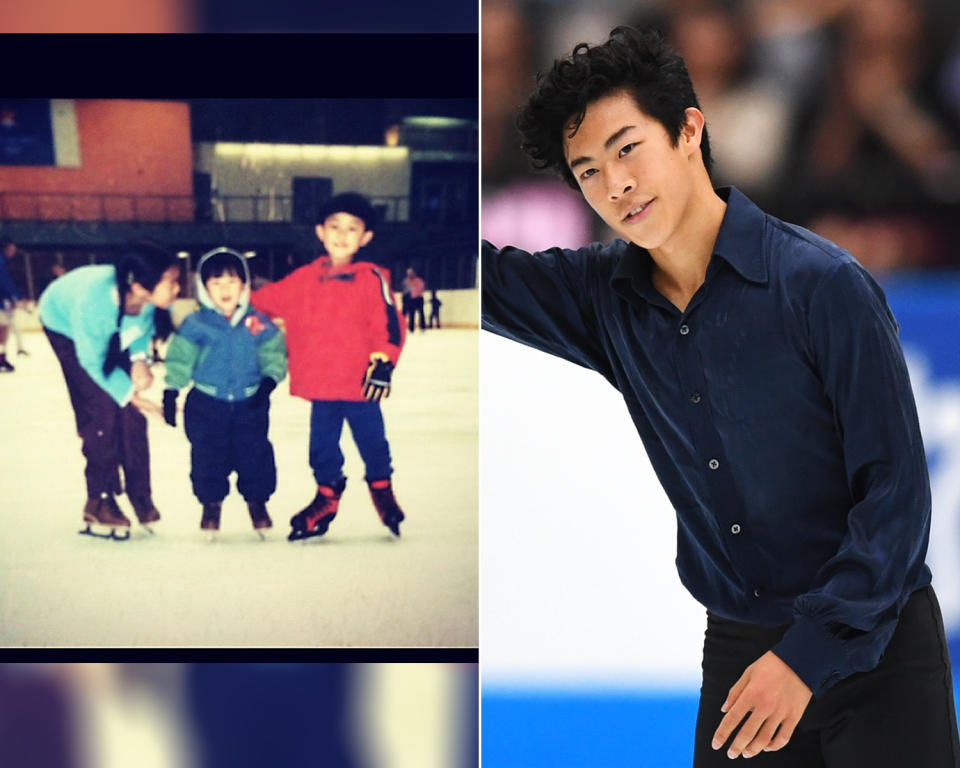 <p><strong>THEN:</strong> Nathan Chen steps onto the ice between big siblings.<br><strong>NOW:</strong> He’s the first-ever skater to land six quadruple jumps in a competition.<br> (Photo via Instagram/nathanwchen, Photo by Takashi Aoyama/Getty Images) </p>