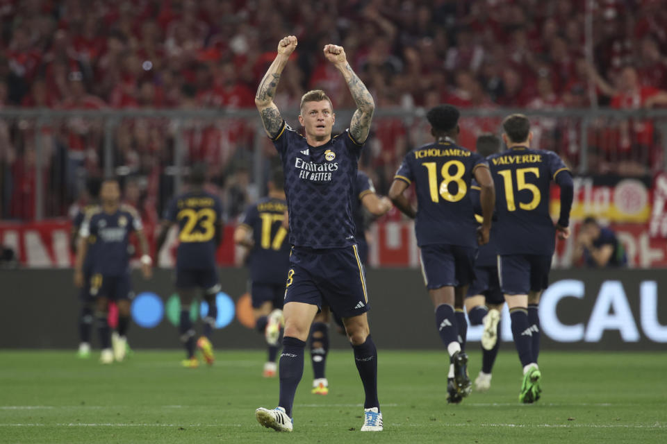 Madrid's Toni Kroos celebrates the opening goal during the Champions League, semifinal first leg, soccer match between FC Bayern Munich and Real Madrid in Munich, Germany, Tuesday, April 30, 2024. (Matthias Balk/dpa via AP)