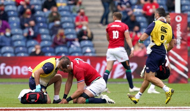 Alun Wyn Jones receives medical attention during the British and Irish Lions match against Japan. The injury ruled him out of the upcoming tour of South Africa