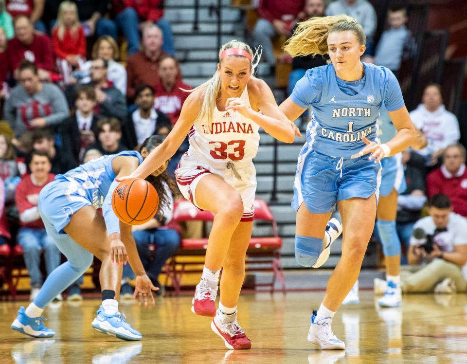 Indiana's Sydney Parrish (33) runs the fast break during the first half of the Indiana versus North Carolina women's basektball game at Simon Skjodt Assembly Hall on Thursday, Dec. 1, 2022.