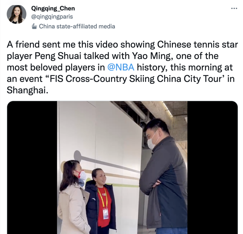 Chen Qingqing, a Global Times journalist, posted a video of Chinese tennis player Peng Shuai's visit to a skiing competition venue in Shanghai on 19 December 2021. (SCREENSHOT: Chen Qingqing/Twitter)