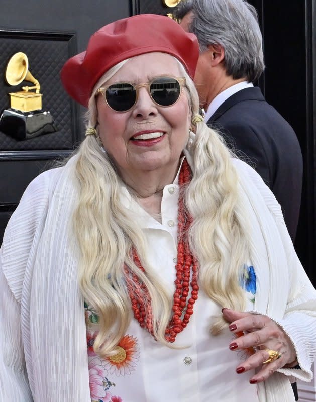 Joni Mitchell arrives for the 64th annual Grammy Awards at the MGM Grand Garden Arena in Las Vegas on April 3, 2022. The singer turns 80 on November 7. File Photo by Jim Ruymen/UPI