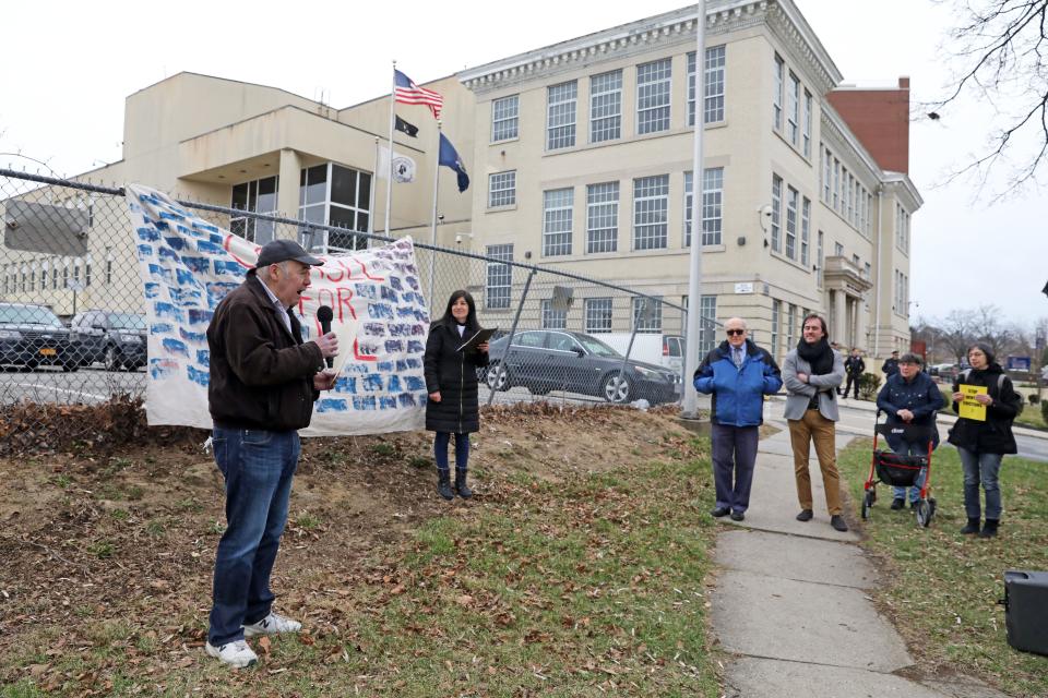 Dennis Hanratty from Mount Vernon United Tenants speaks at a right-to-counsel rally outside Yonkers City Court March 24, 2023. Advocates are pushing for right-to-counsel legislation in Westchester County, which would give tenants in eviction proceedings access to legal representation in their cases.