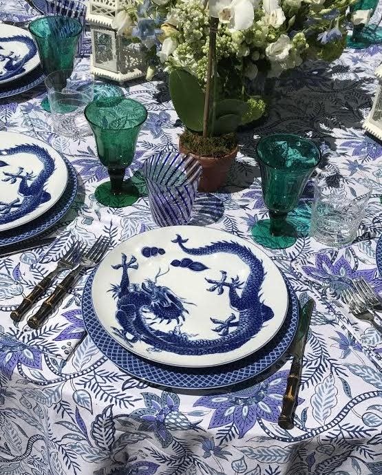 The Aegean Chintz Tablecloth is Amory's favorite.