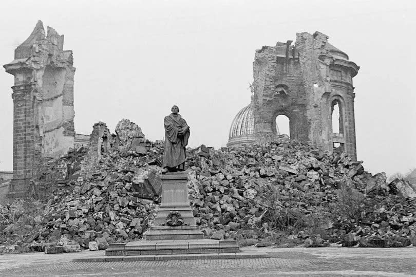 The ruin of the Frauenkirche cathedral (Church of Our Lady) is pictured in Dresden, Germany, March 13, 1967. British and U.S. bombers on Feb. 13-14, 1945 destroyed Dresden's centuries-old baroque city center. (AP Photo)