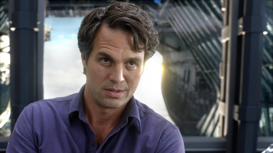 Mark Ruffalo as Bruce Banner, also known as the Hulk, in a scene from a movie, inside what looks like a futuristic facility