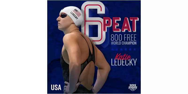 美國26歲泳后萊德基(Katie Ledecky)今在福岡世界游泳錦標賽贏得第16面金牌。摘自美國泳隊推特