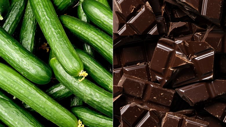 Split image of cucumbers and chocolate