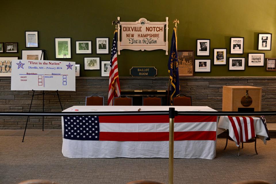 A sign showing the 6 registered voters is seen in the Living Room at the Tillotson House, ready to receive media and voters for the First-in-the-Nation midnight vote at the Balsams Grand Resort in Dixville Notch, New Hampshire, on Tuesday. New Hampshire primary's tradition begins in the township of Dixville Notch, where the first votes are cast right at midnight.