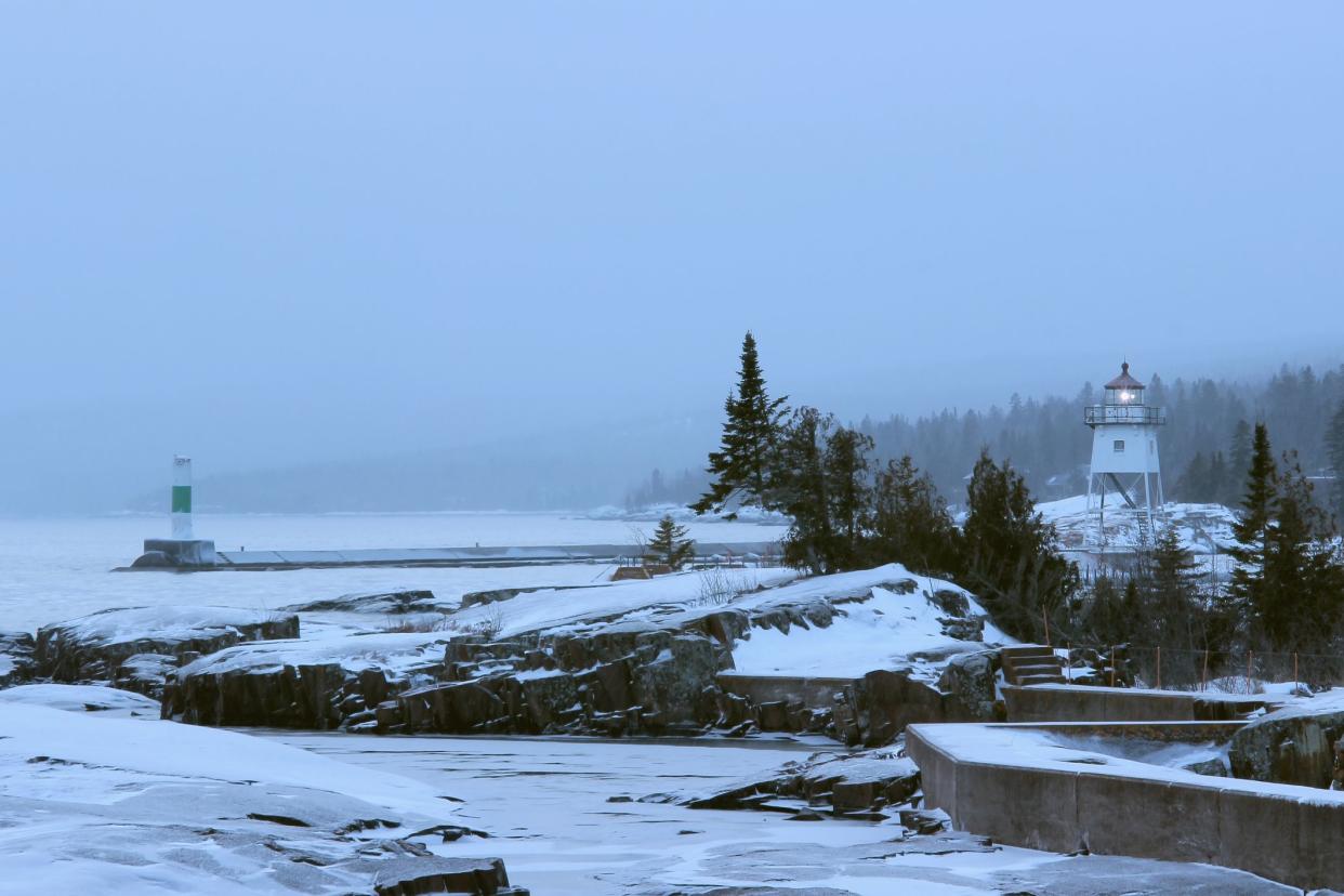 A Lake Superior Winter Snow Hits the Grand Marais Lighthouse in Northern Minnesota