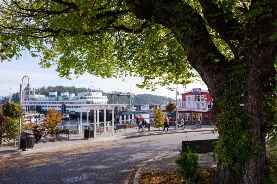 Front Street with Ferry at terminal in Friday Harbor, WA