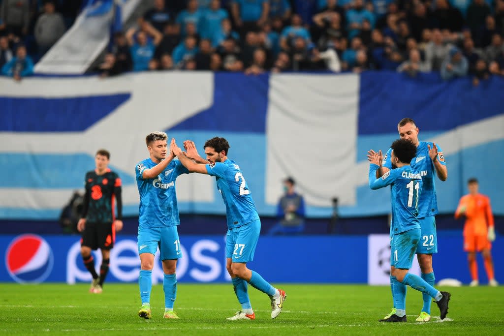 Magomed Ozdoev celebrates after scoring Zenit’s late equaliser (AFP via Getty Images)