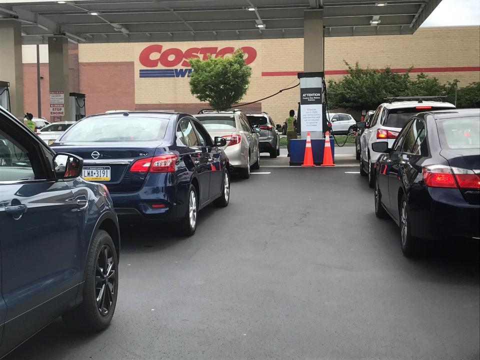 Lines of cars wait to get gas at a Costco service station at Centerton Square in Mount Laurel on Tuesday, June 7, 2022