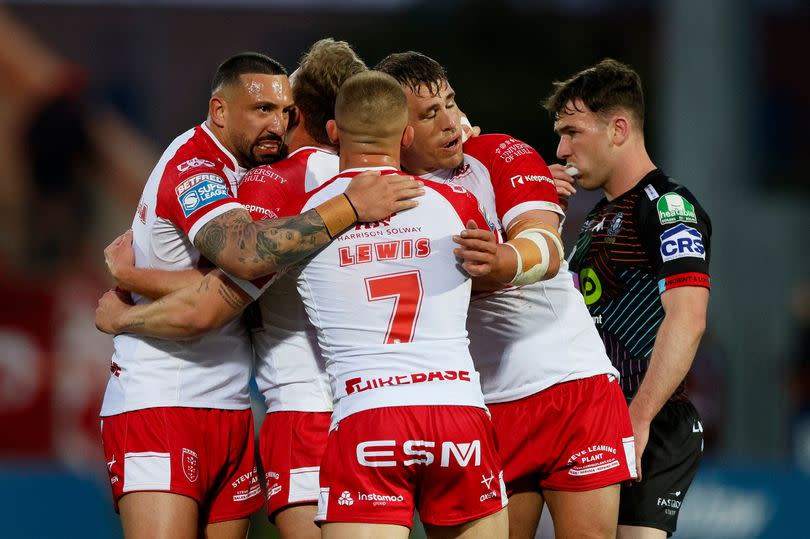 Hull Kingston Rovers' Oliver Gildart celebrates with team-mates -Credit:PA