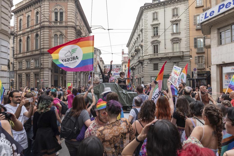 People participate in a gay pride parade in Turin, Italy on Saturday, June 15, 2024. (Matteo Secci/LaPresse via AP)