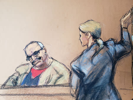 Assistant United States Attorney Gina Parlovecchio questions witness Jesus Zambada (L), the brother of Ismael "El Mayo" Zambada who was Guzman's alleged partner in running the Sinaloa Cartel, during the trial of the accused Mexican drug lord Joaquin "El Chapo" Guzman (not shown), in this courtroom sketch in Brooklyn federal court in New York, U.S., November 19, 2018. REUTERS/Jane Rosenberg