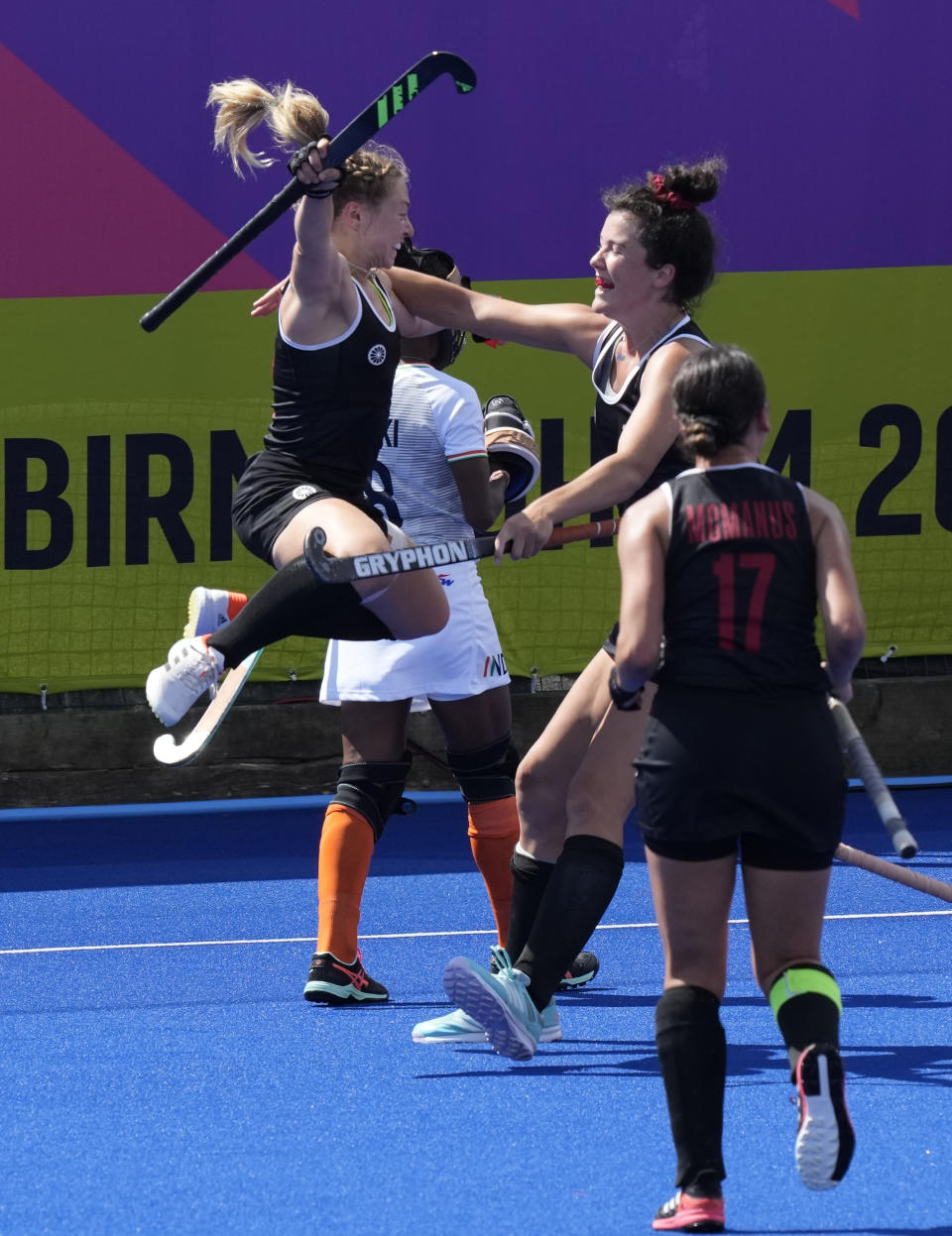 Canadian players celebrate a goal against India during the Women's Pool A hockey match at the Commonwealth Games in Birmingham, England, Wednesday, Aug. 3, 2022. (AP Photo/Manish Swarup)