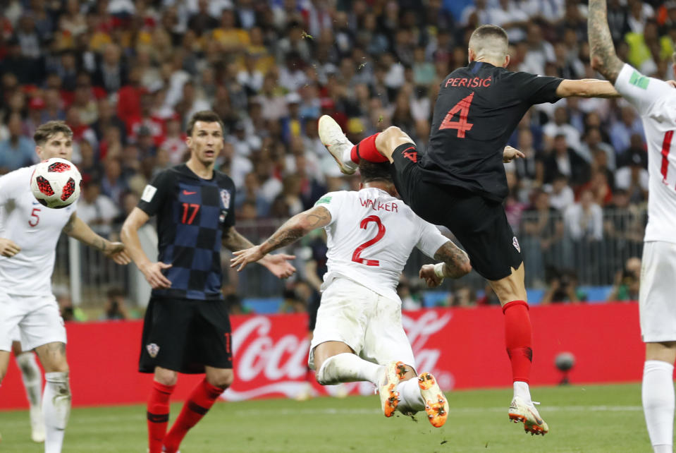<p>Perisic gets to the ball moments before Kyle Walker could head clear </p>