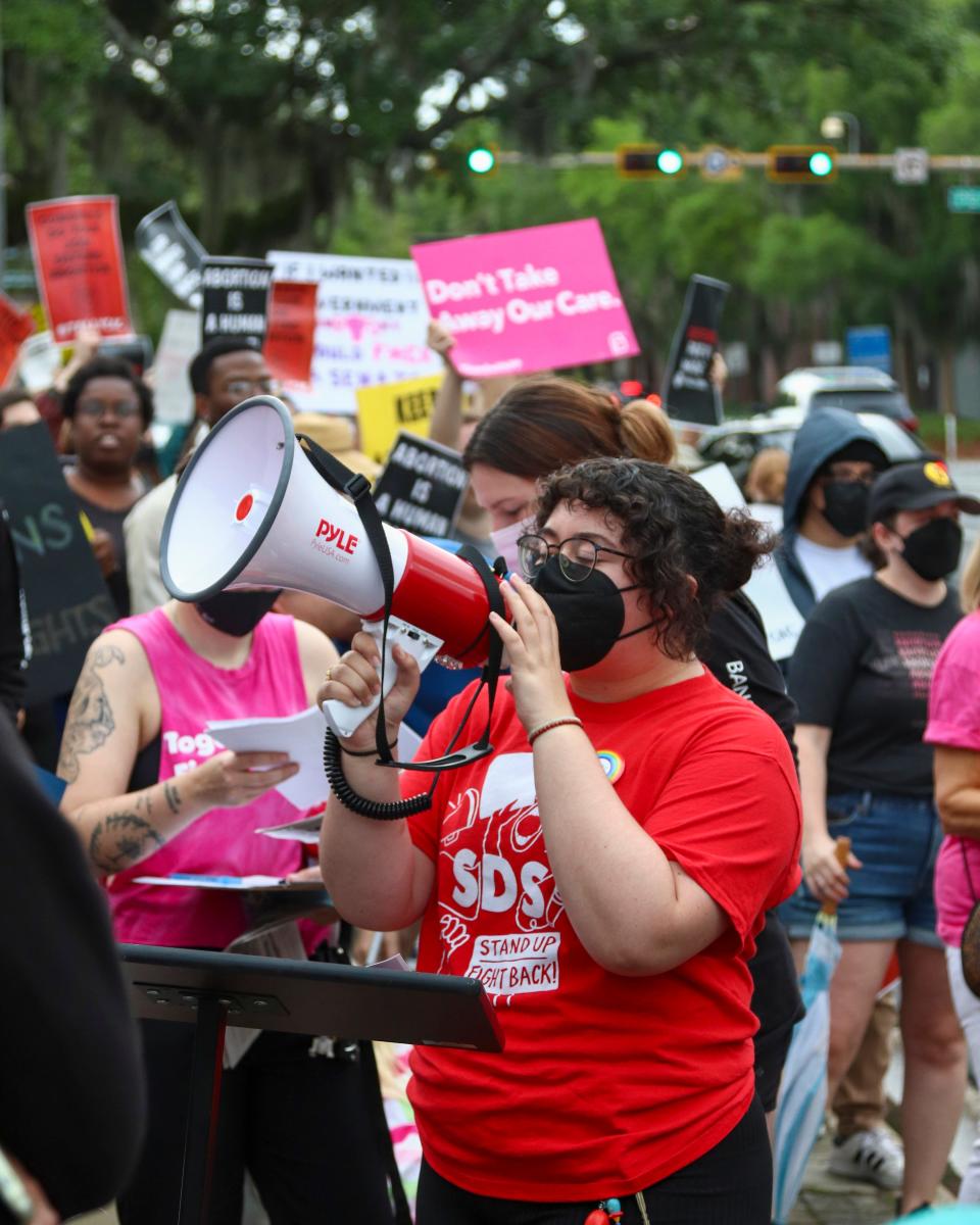 Abortion rights protesters gather around the stairs of the Florida Supreme Court to condemn a leaked ruling that suggests the U.S. Supreme Court may be poised to overturn the landmark Roe V. Wade decision. The protest drew multiple speakers ranging from Florida State students to local officials speaking to the crowd of about 300.