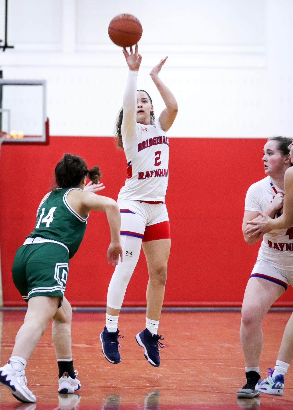 Bridgewater-Raynham's Natalia Hall-Rosa shoots a three-pointer during a game against Dartmouth on Monday, Feb. 13, 2023.