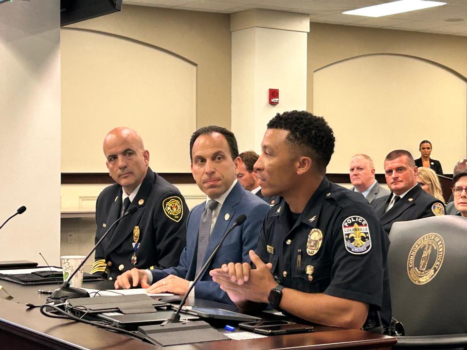 Louisville Fire Department Chief Brian O'Neill, Mayor Craig Greenber, and Louisville Metro Police Department Acting Chief Paul Humphrey testify before state lawmakers in Frankfort.