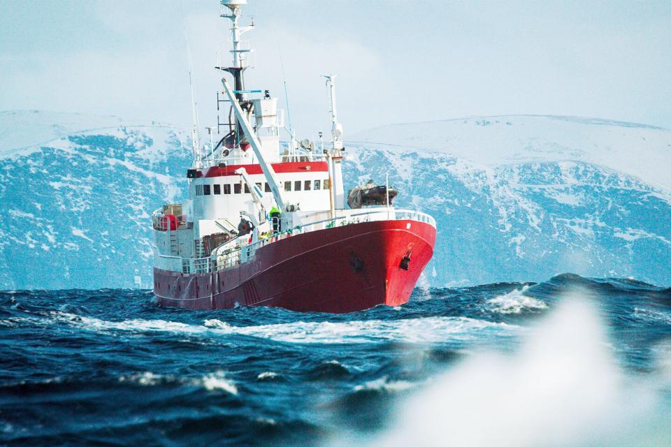 F/V Stålbas at sea in front of icy mountains.